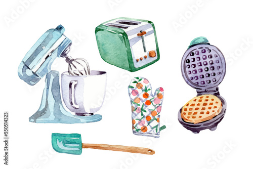 Watercolor different kitchen equipment collection