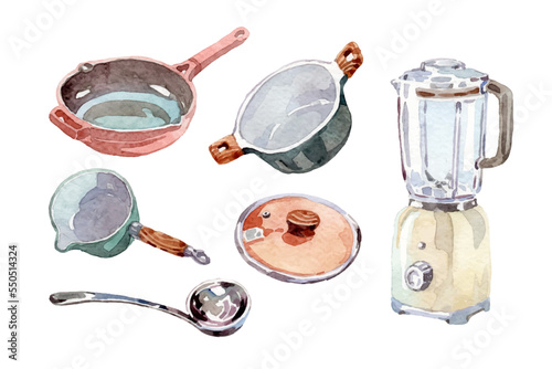 Watercolor different kitchen equipment collection