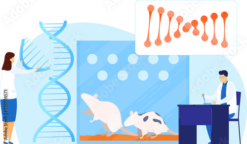 Science experiment with rat dna in medicine laboratory, vector illustration. Biology research by flat chemistry test in lab. Flat microscope