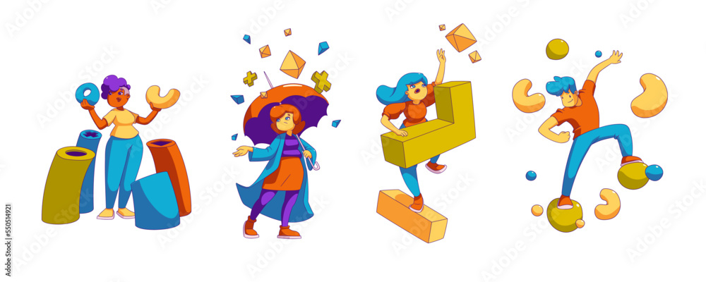 People with geometric shapes. Concept of work organize, creative solution, balance and management with characters holding abstract figures, vector illustration in contemporary style