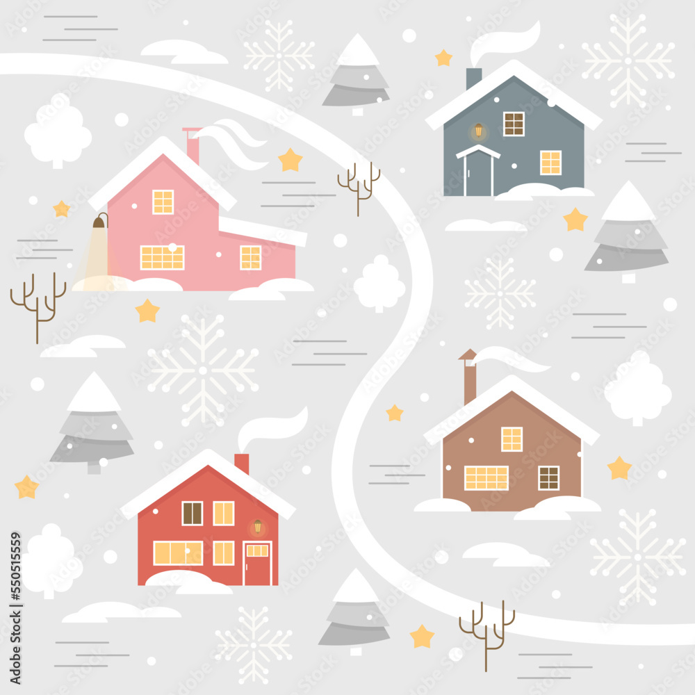 vector winter illustration village houses