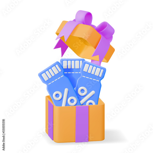 3d Coupon with Percent Symbol in Gift Box Isolated. Render Discount Voucher or Coupon. Blank Ticket Shopping Paper. Promotional Offer Confirmation. Bonus Purchase, Gift Concept. Vector Illustration