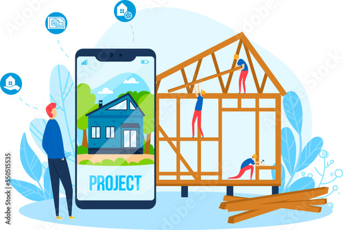 Project construction, people build home from smartphone, vector illustration. Worker builder character at flat construct site.