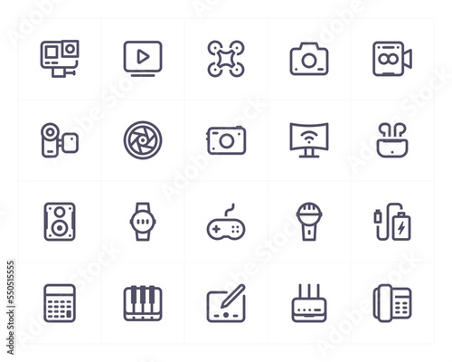 Device and multimedia line icon set. Vector illustration on white background. 200x200 pixel perfect.