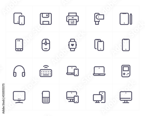 Device and computer line icon set. Vector illustration on white background. 200x200 pixel perfect.