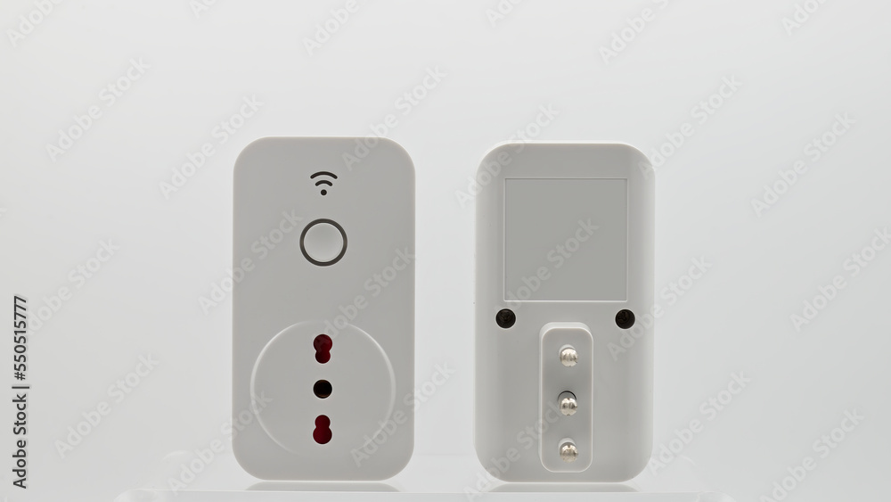 Smart wi-fi plug with energy monitor isolated on white background.