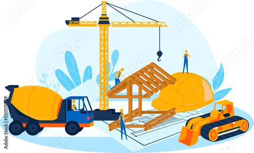 Building construction concept, vector illustration. Flat industry work design, worker builder used industrial equipment technology