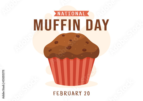 National Muffin Day on February 20th with Chocolate Chip Food Classic Muffins Delicious in Flat Cartoon Hand Drawn Template Illustration
