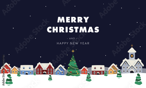 雪が降る中で光り輝くクリスマスツリーと冬の街並みのクリスマス背景テンプレート（青）　Christmas background template of glowing Christmas tree and winter cityscape in falling snow (blue)