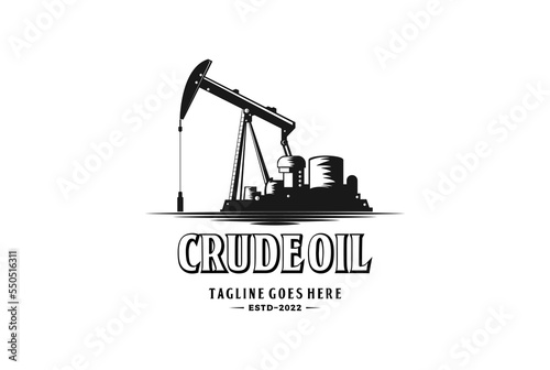 Vintage Retro Crude Oil Mining Pump Machine Silhouette Logo design