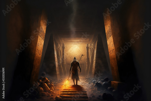 AI generated image of explorer inside an ancient Egyptian pyramid, with various artifacts on the ground and heliographs on the walls   © Amith