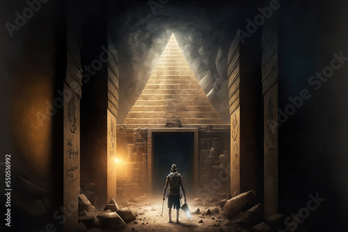 Obraz na płótnie AI generated image of explorer inside an ancient Egyptian pyramid, with various