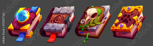 Magic spell books, fantasy esoteric recipes and mystic enchantments. Alchemy grimoires with bird skill, crystal, paw print and mystic sign on cover. Witchcraft ui or gui objects, Cartoon vector set