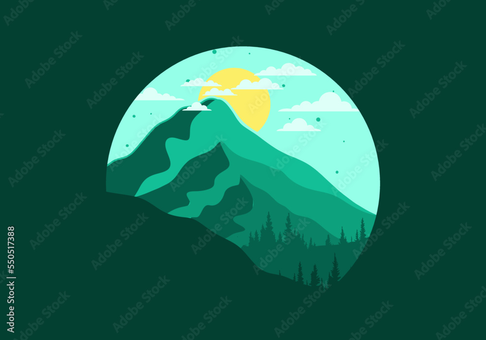 landscape illustration of three big mountains among the pine forest