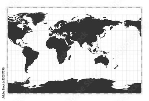 Vector world map. Cylindrical stereographic projection. Plan world geographical map with latitude longitude lines. Centered to 60deg W longitude. Vector illustration.