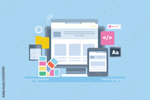 Web design, UI ux application design colour, coding development concept, responsive website on digital devices banner.