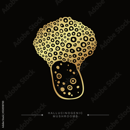Toxic magical hallucinogenic mushroom. Fly agaric gold sticker. Hand drawn toadstool concept. Golden drawing of a fly agaric psilocybin mushroom. Vector illustration