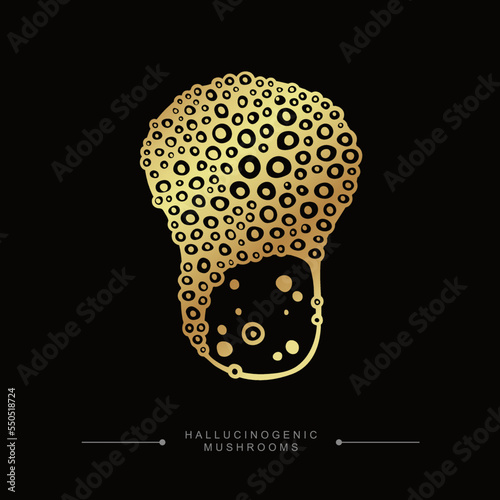 Hand drawn toadstool concept. Golden drawing of hallucinogenic mushroom. A stylized image of a psilocybin mushroom. Fly agaric golden sticker. Vector illustration