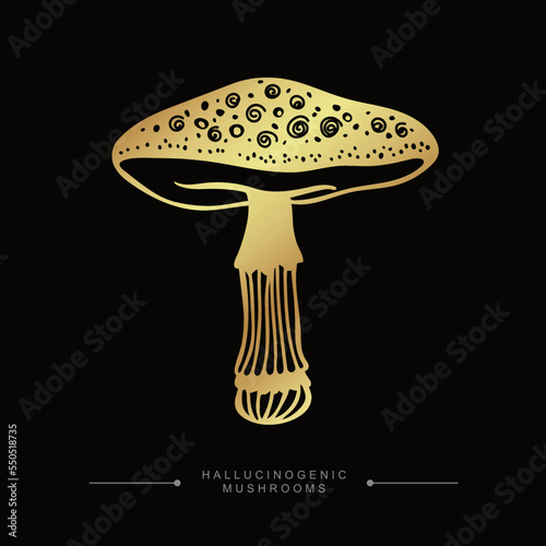 Hand drawn toadstool concept. Golden drawing of magical surreal hallucinogenic mushroom. Fly agaric gold sticker. Toxic Fantasy Pslocybin Mushroom. Vector illustration