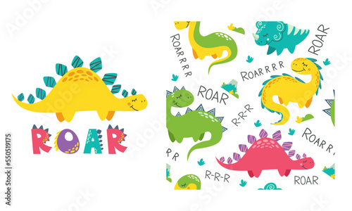 Seamless vector pattern and print for children s products. Bright cute dinosaurs and Roar lettering. 