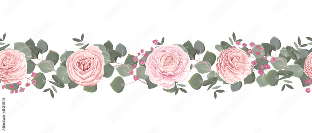 Seamless vector pattern. Floral border. Green eucalyptus, pink roses, ranunculus, pink gypsophila. 