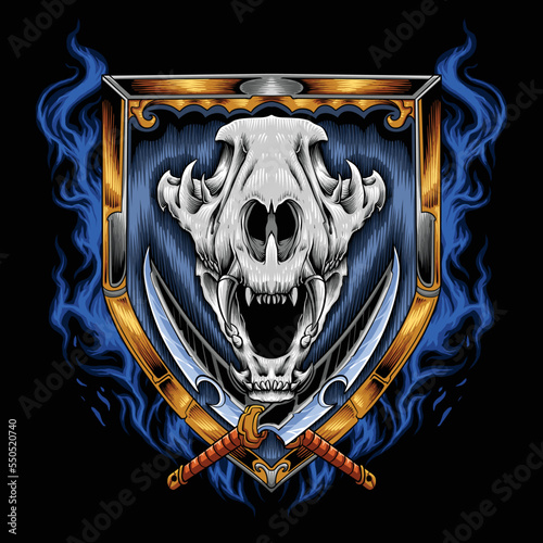 Dog skull with sharp sword and shield on fire