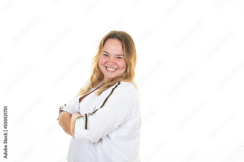 Smiling beautiful attractive young blond plus size body positive female woman looking on white background copy space Smiling beautiful attractive young blond plus size body positive female woman looking on white background copy space
