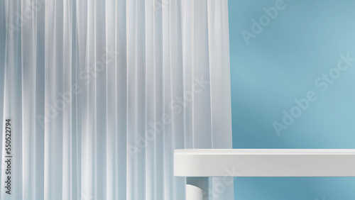 mockup space white side table podium in landscape curtain and blue wall background 3D image render 