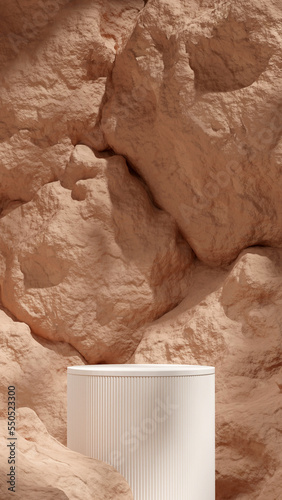 in portrait brown rough rock texture wall 3D render empty scene white color podium 