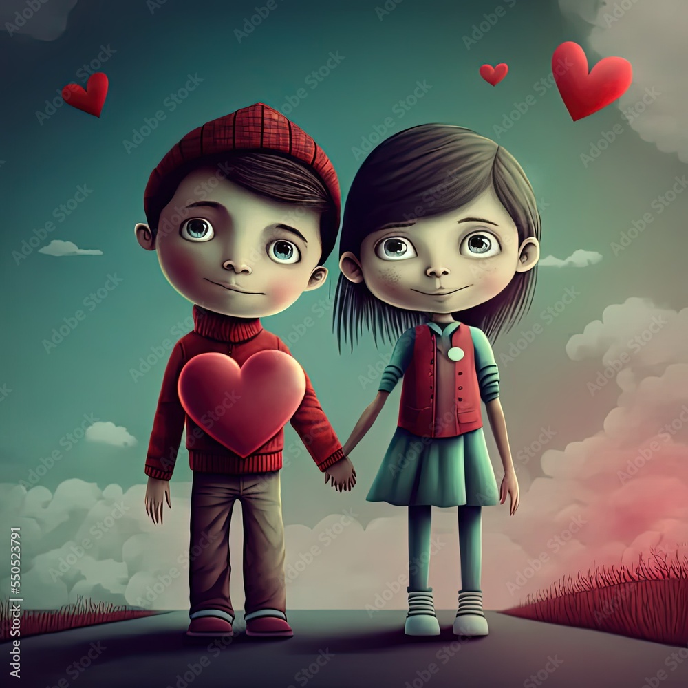 Cute boy and girl holding hands and a red heart in the background Stock ...