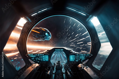 Fototapeta Naklejka Na Ścianę i Meble -  Inside of a Spaceship Driving at Hyper Speed, Space Travellers flying through the space, Astronauts in Space, Spacecraft travel backgrounds, 