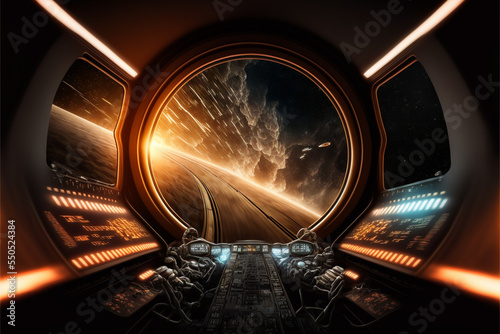 Inside of a Spaceship Driving at Hyper Speed, Space Travellers flying through the space, Astronauts in Space, Spacecraft travel backgrounds,  photo