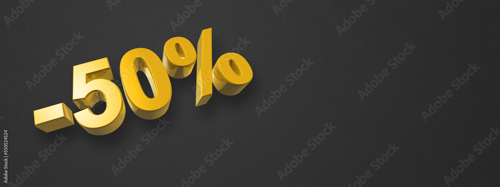 50% off discount offer. 3D illustration isolated on black. Horizontal banner