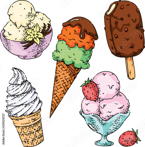 ice cream dessert set sketch hand drawn vector scoop waffle cone, chocolate food, sundae frozen ball vintage color line illustration