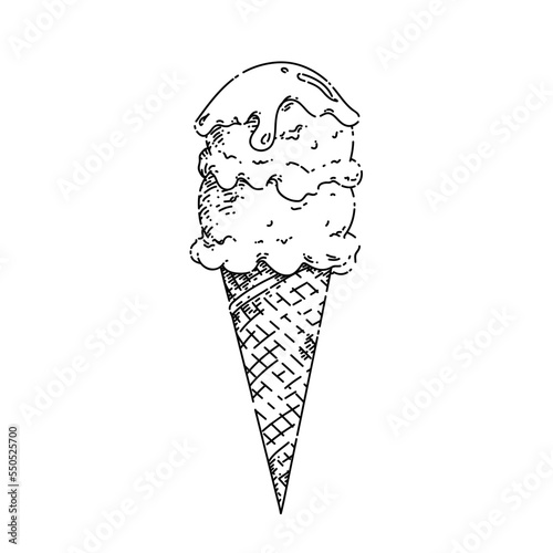 waffle cone ice cream sketch hand drawn vector wafer chocolate food, vanilla scoop, delicious summer dessert vintage black line illustration