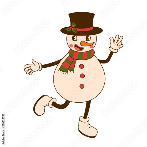 Groovy Hippie Snowman in trendy retro cartoon style isolated on white background.