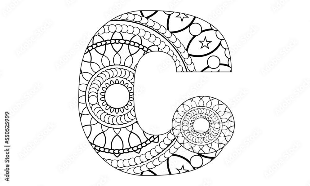 Coloring Book Floral Ornamental Alphabet, Initial Letter C Font. Vector Typography Symbol. Antistress Page for Adults and Monograms.Isolated Poster or Cover Design