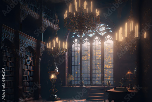 AI generated image of a large ancient library with high gothic arches, stained glass windows, vintage wooden furniture and magical lights	