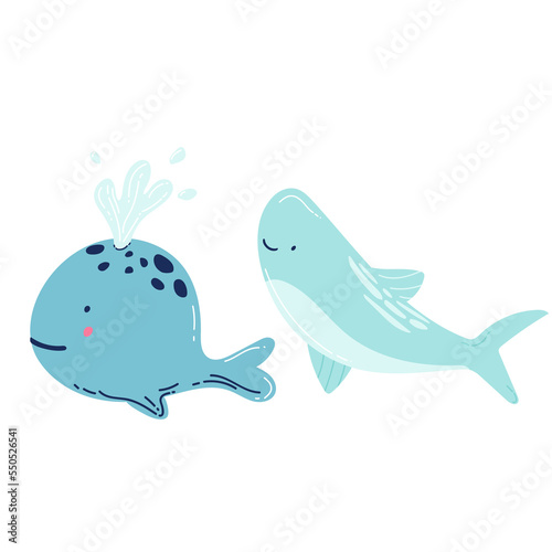 Set of marine mammals blue whales, sharks, sperm whales, dolphins, beluga whales, narwhal killer whales. Cartoon vector graphics