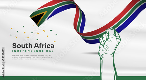 Banner illustration of South Africa independence day celebration with text space. Waving flag and hands clenched. Vector illustration.