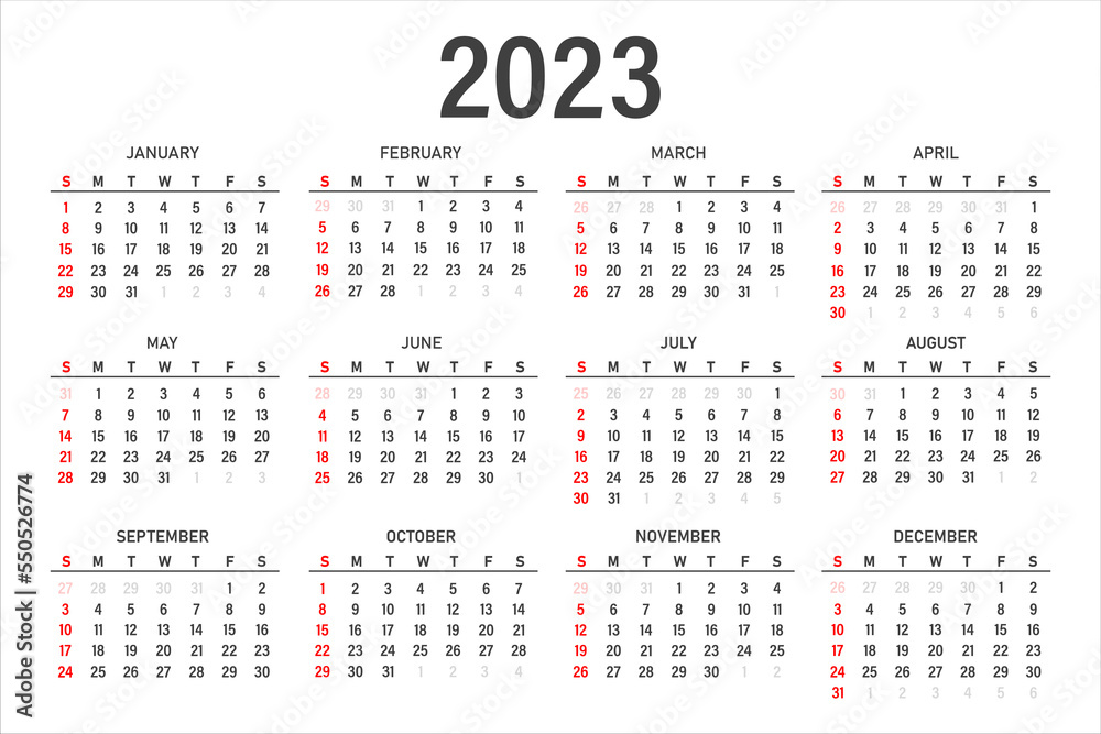 Calendar for 2023 on a white background. Monthly calendar for 2023. The week starts on Sunday. Calendar for 2023 on a white background. Monthly calendar for 2023. The week starts on Sunday.