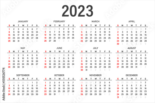 Calendar for 2023 on a white background. Monthly calendar for 2023. The week starts on Sunday.