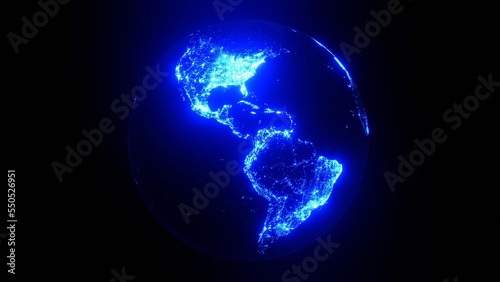 illuminated light blue earth globe on black.