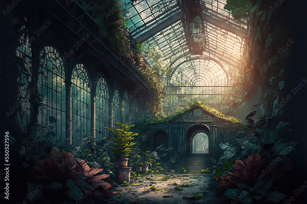 AI generated image of inside of a very large greenhouse hosting many colored flowering plants, etc.	