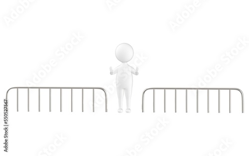 3d character , man , barrier , showing stop hand gesture