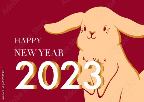 Greeting banner or postcard. 2023 is the year of the rabbit according to the Chinese zodiac. Stylized illustration of a Hare.
