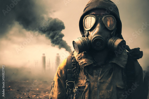 Post apocalyptic survivor in gas mask. Environmental disaster, armageddon concept.