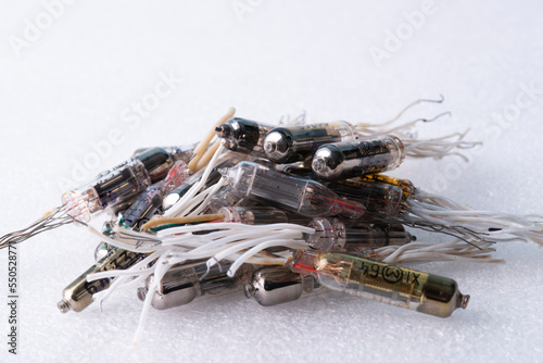 Closeup of glass vacuum tubes, vintage electronic parts 