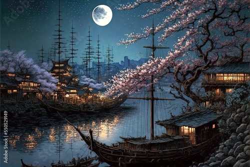 Fototapeta a japan seaport on a moonlit night with boats and cherry blossom all around