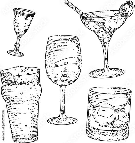 drink glass set hand drawn vector. alcohol menu, vintage bar, ice food beverage, restaurant cup drink glass sketch. isolated black illustration